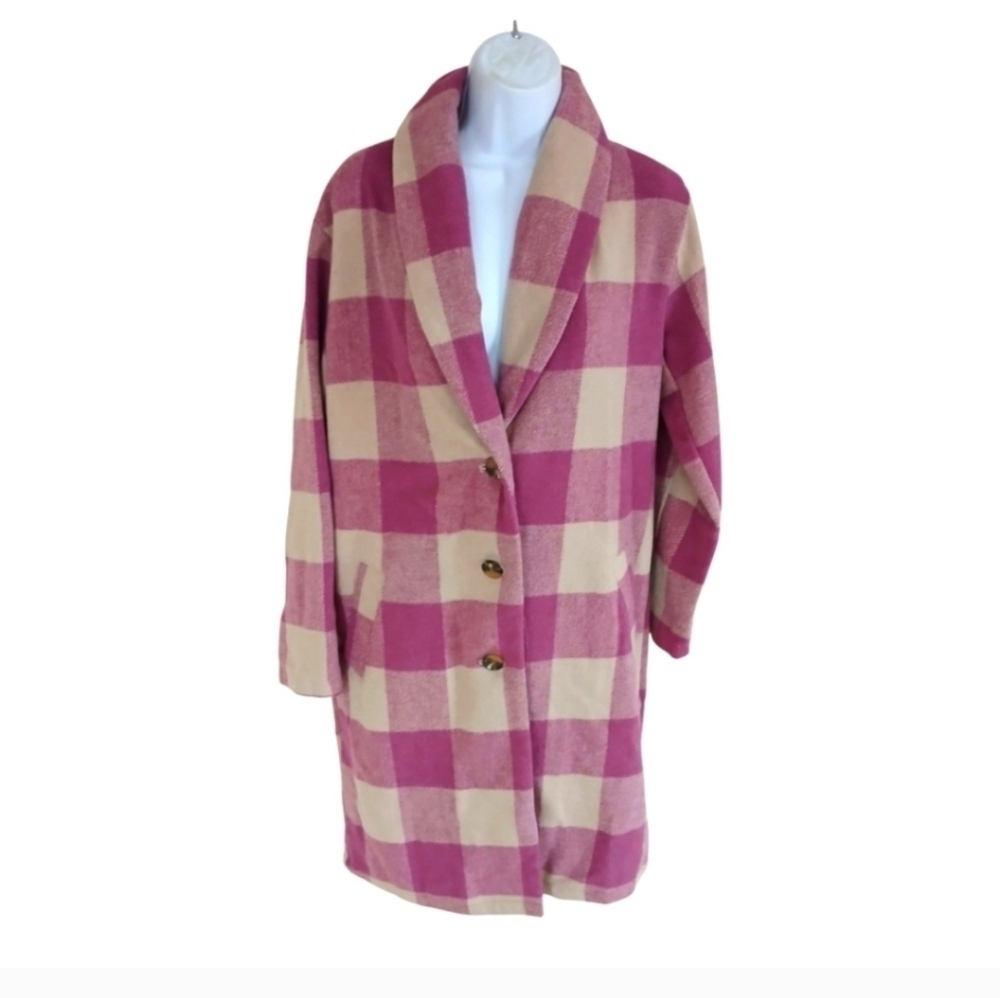 RD Style Pink Cream Plaid Lucy Long Cardigan Coat Shacket Small